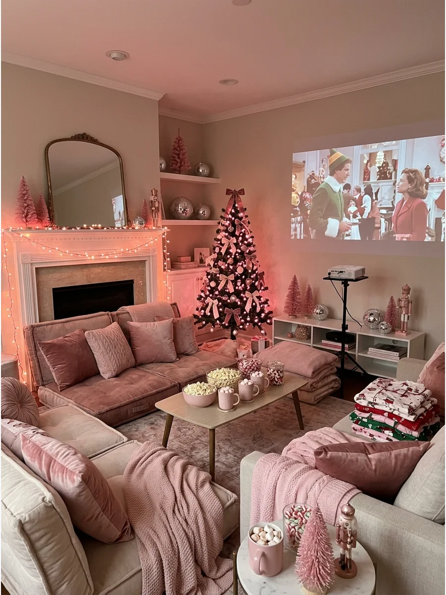 A living room setup for a movie night with pink lights and blankets.