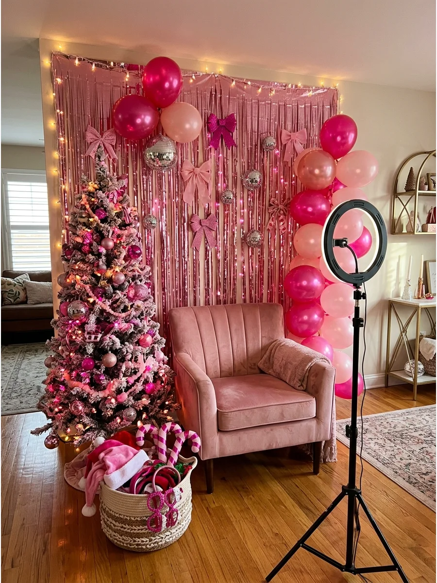 A pink photo booth setup with tinsel and a velvet chair.