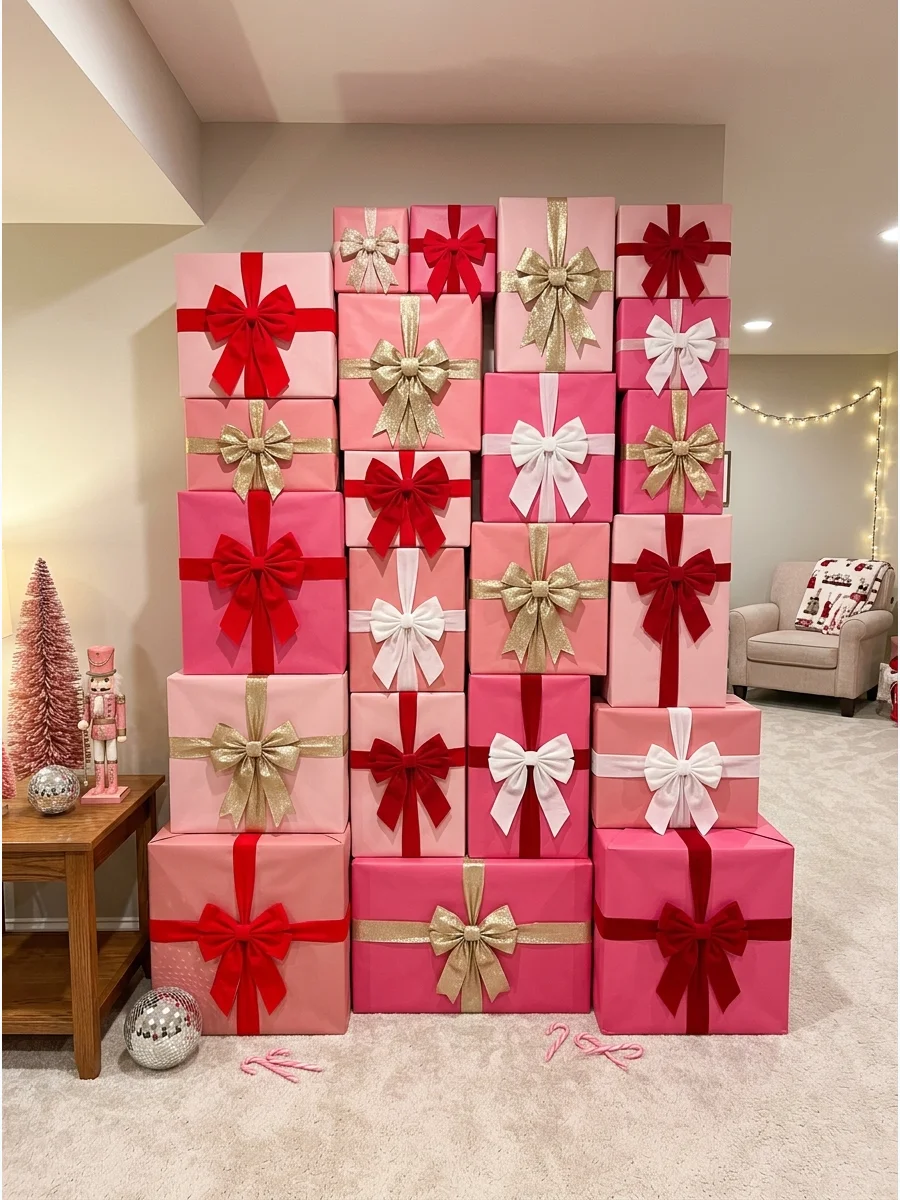 A decorative wall made of stacked pink wrapped presents.