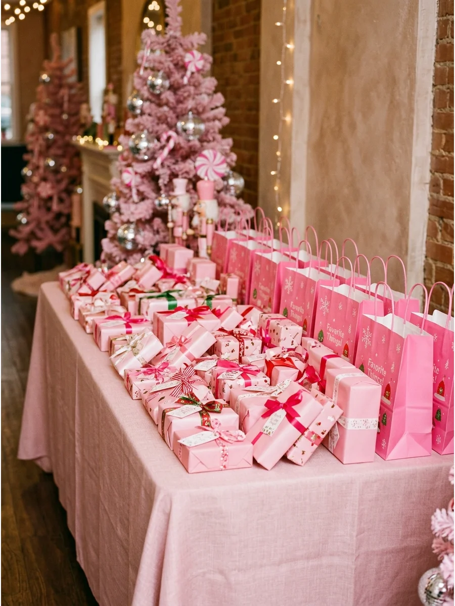 A table of pink wrapped gifts for a favorite things exchange.