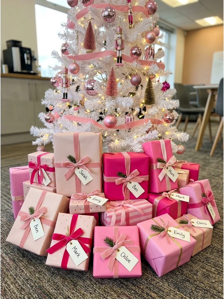 Pink wrapped Secret Santa gifts under a Christmas tree.