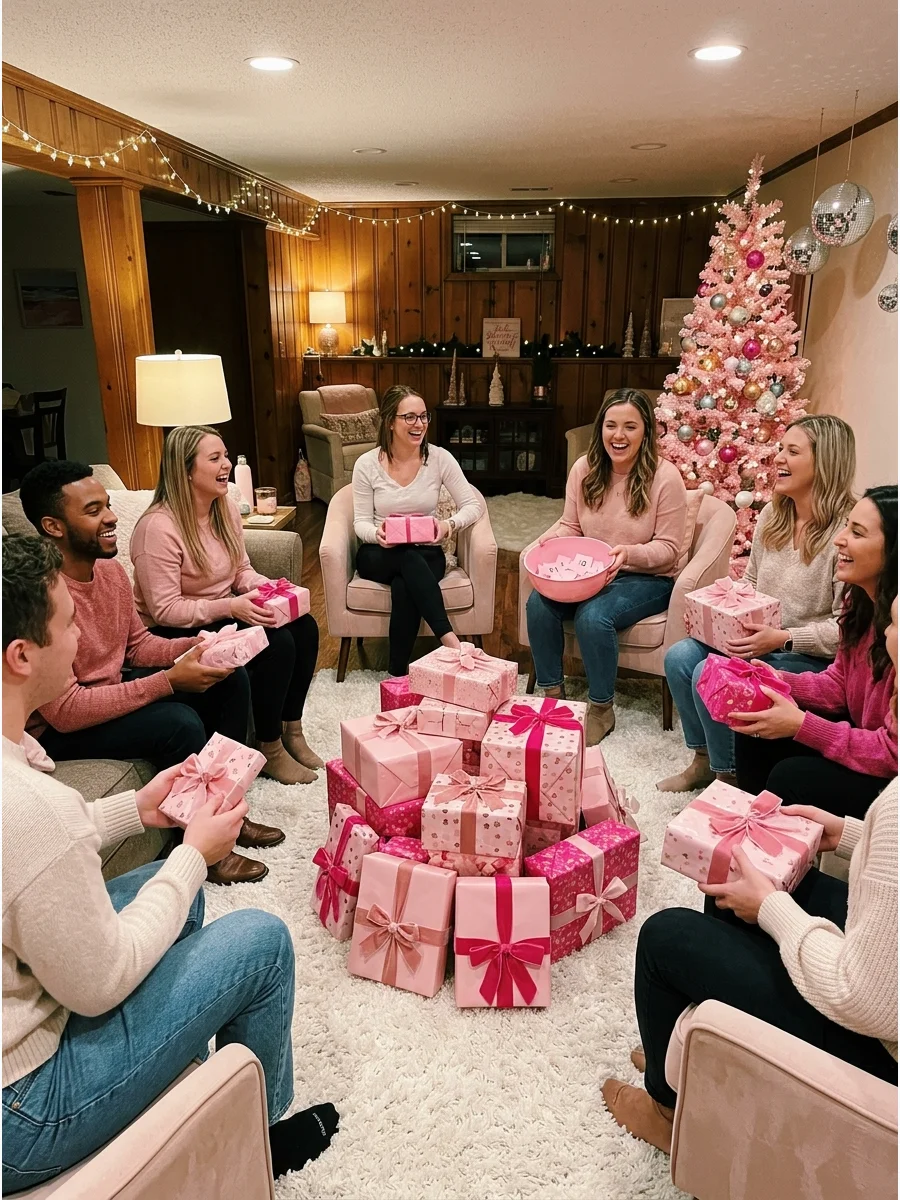 Guests playing a White Elephant game with pink gifts.