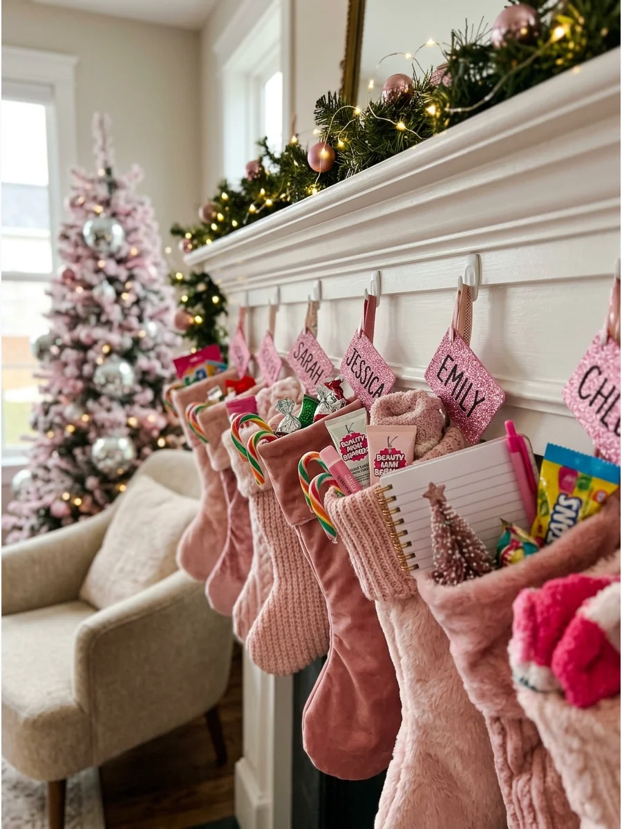 Pink stockings hanging on a mantel for a gift exchange.