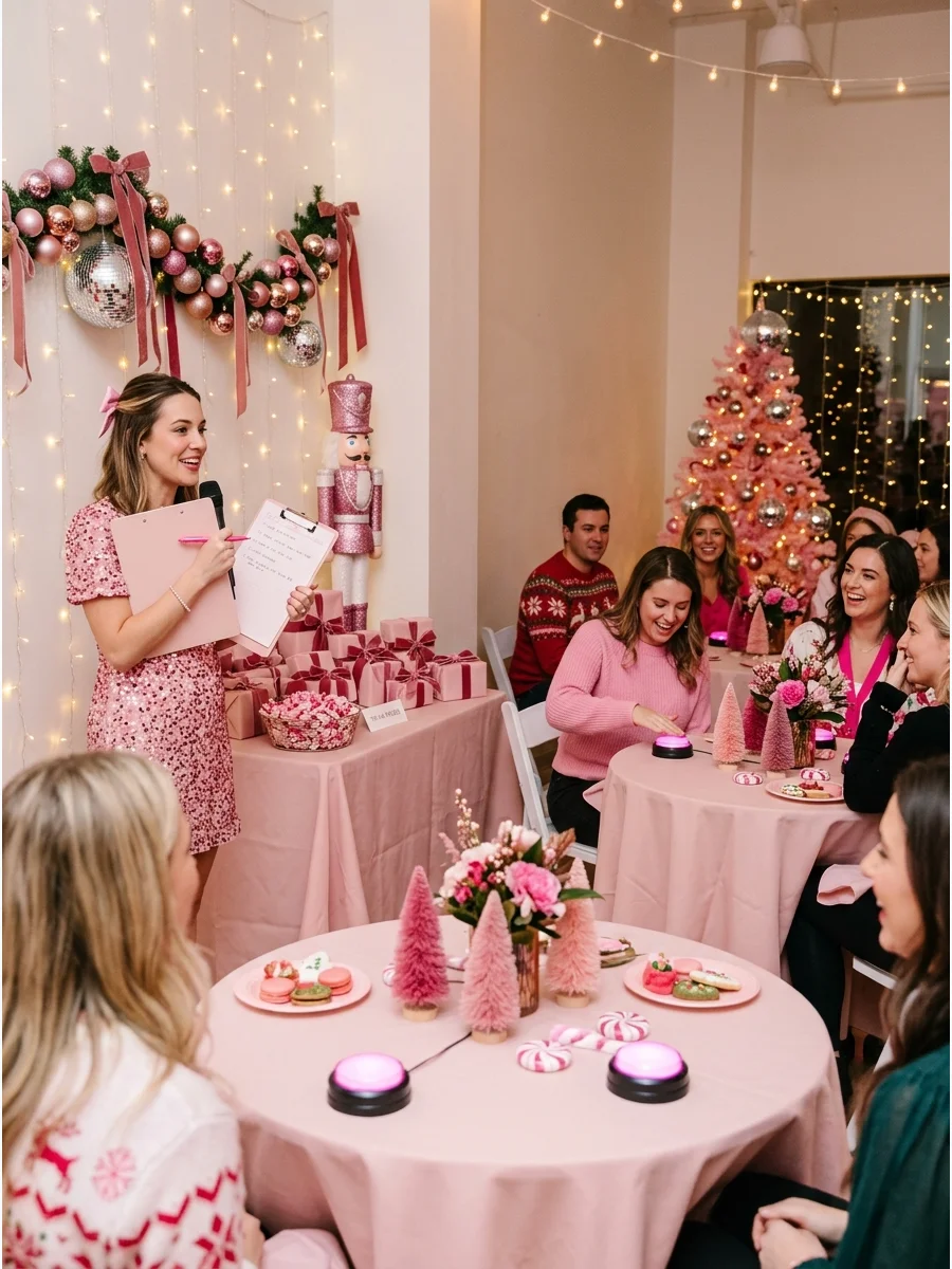 A holiday trivia game setup with pink accessories.