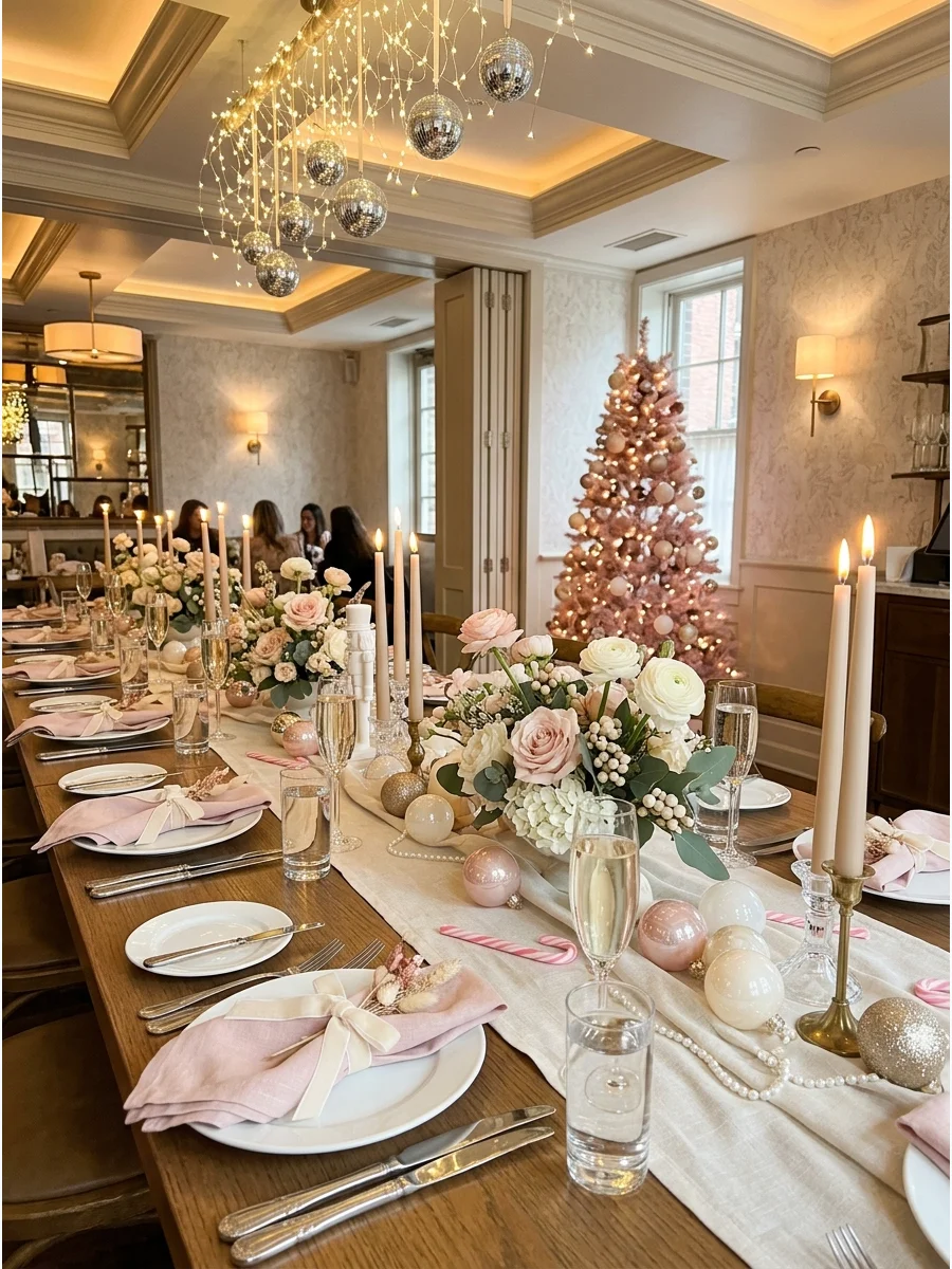 An elegant table setting with blush pink napkins and champagne candles in a private dining room.