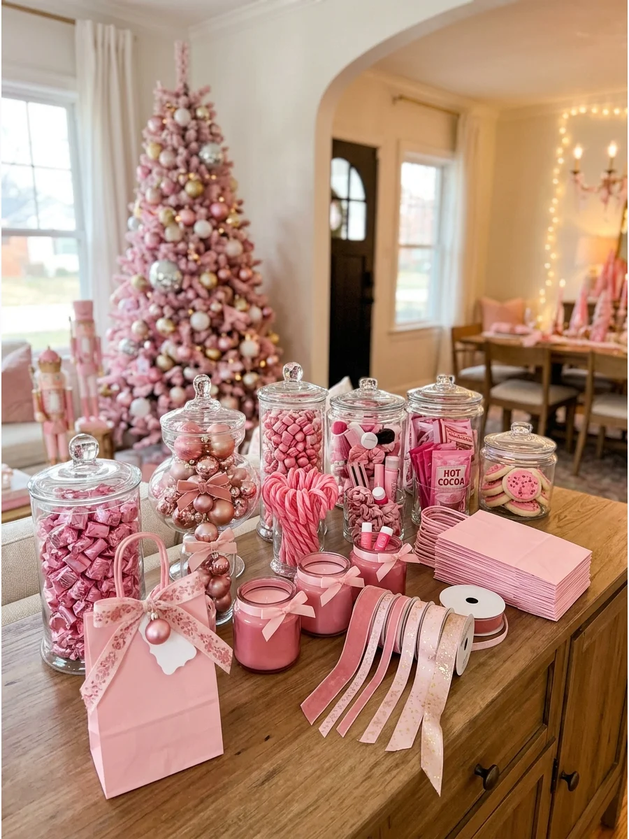A DIY favor bar with pink treats and ornaments.