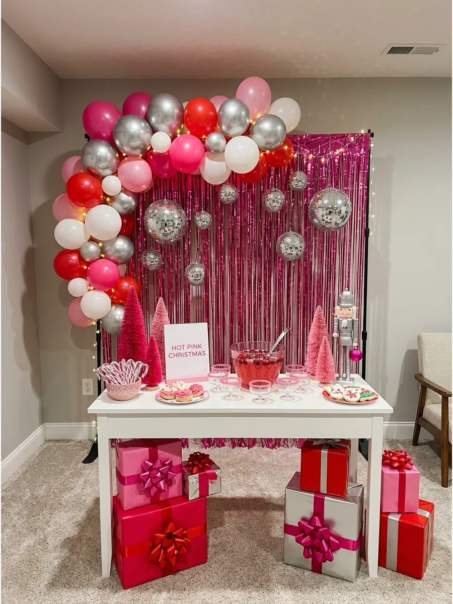 A party room with a hot pink tinsel backdrop and hanging silver disco balls.