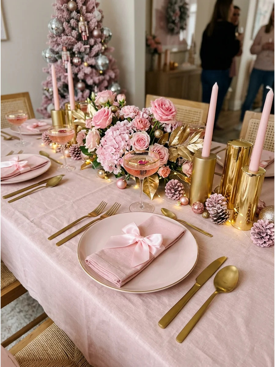 A of gold cutlery and a gold-rimmed glass on a pink plate.