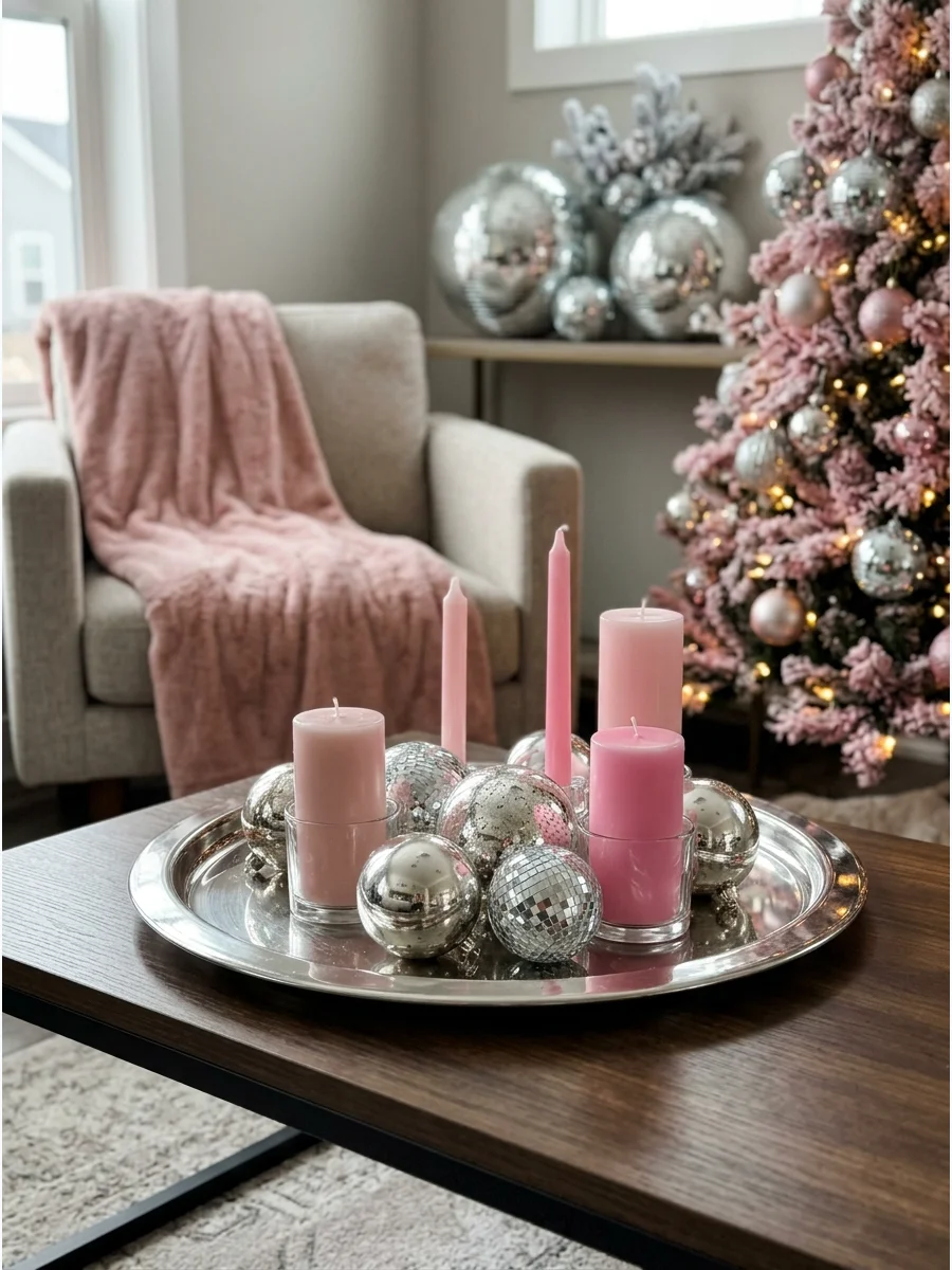 A silver mirrored tray holding pink candles and silver ornaments on a coffee table.