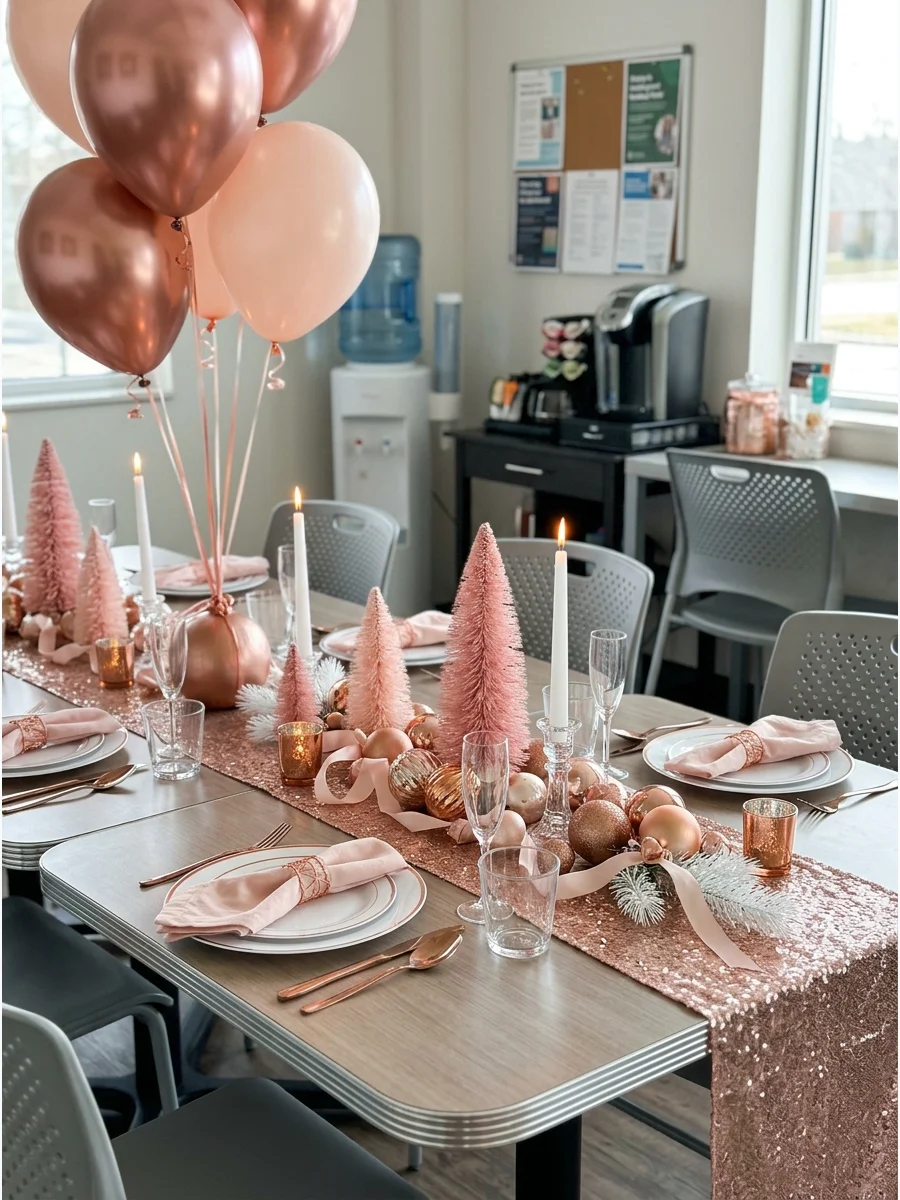 An office table with a rose gold sequin runner and pink bottle brush trees.