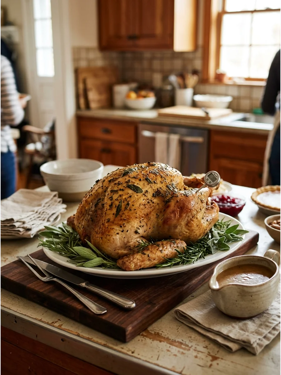A roasted whole turkey on a platter garnished with fresh green herbs.