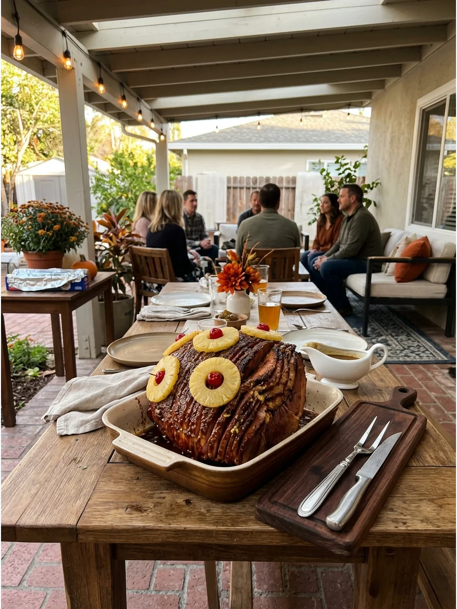 A spiral ham with brown sugar glaze and pineapple on a patio table.