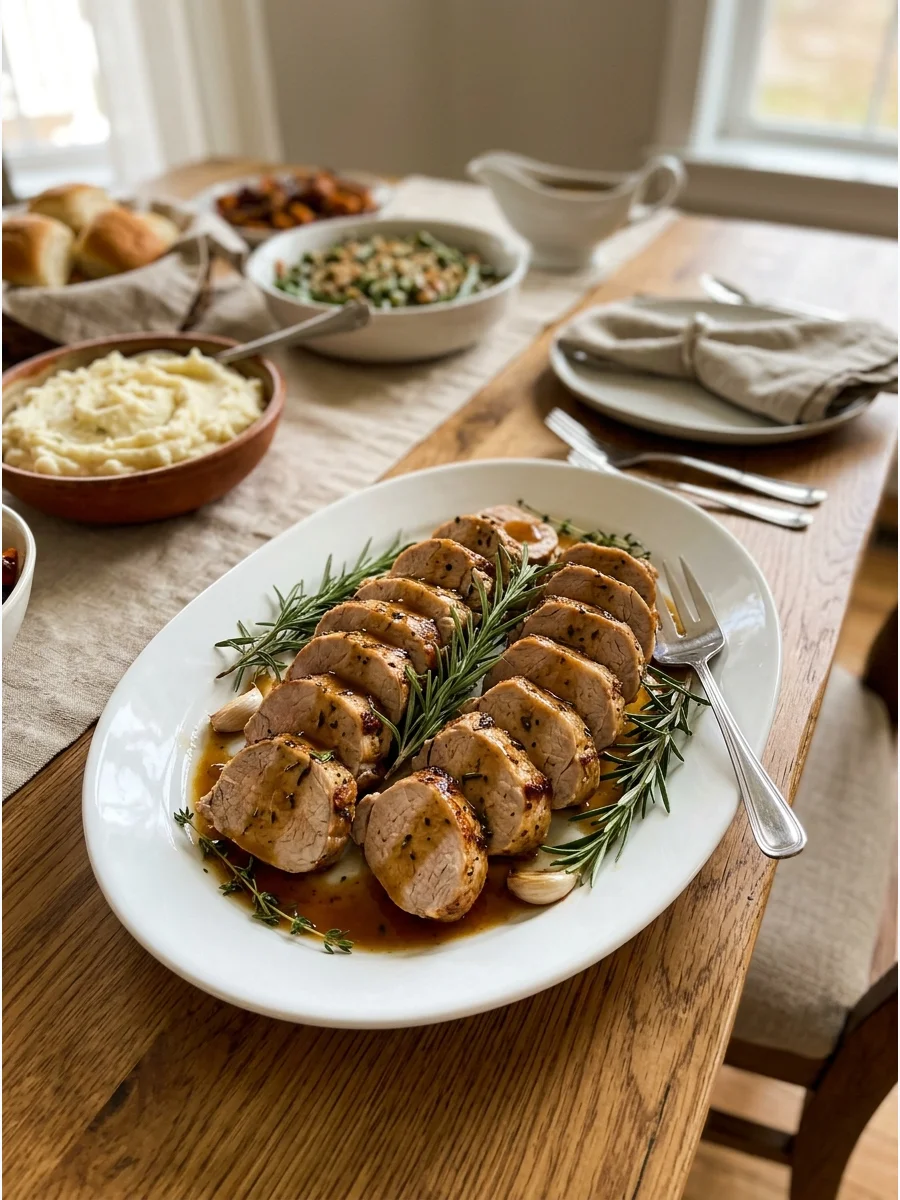 Sliced herb roasted pork tenderloin on a serving platter.