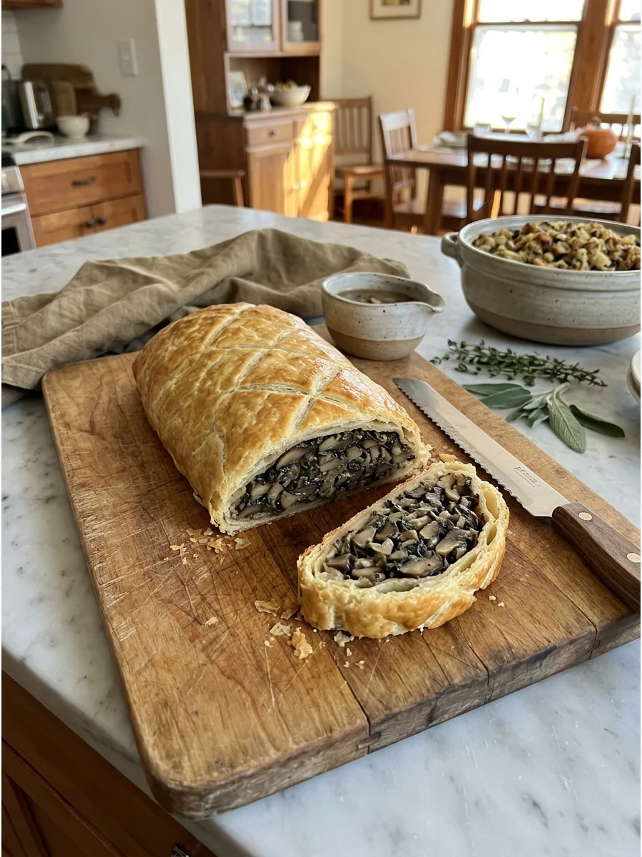 A whole mushroom wellington with a flaky puff pastry crust.