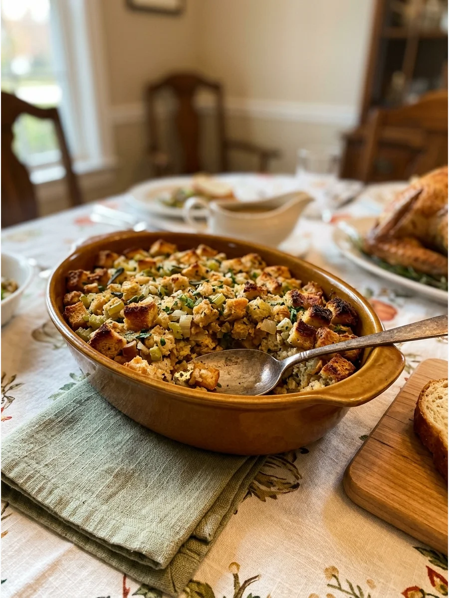 Traditional sage stuffing in a white ceramic baking dish.