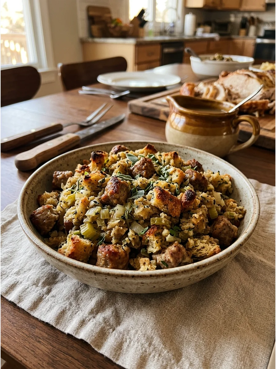 Savory bread stuffing mixed with browned sausage crumbles.