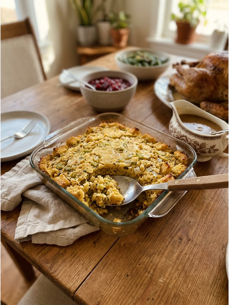 Golden Southern cornbread dressing in a glass dish.
