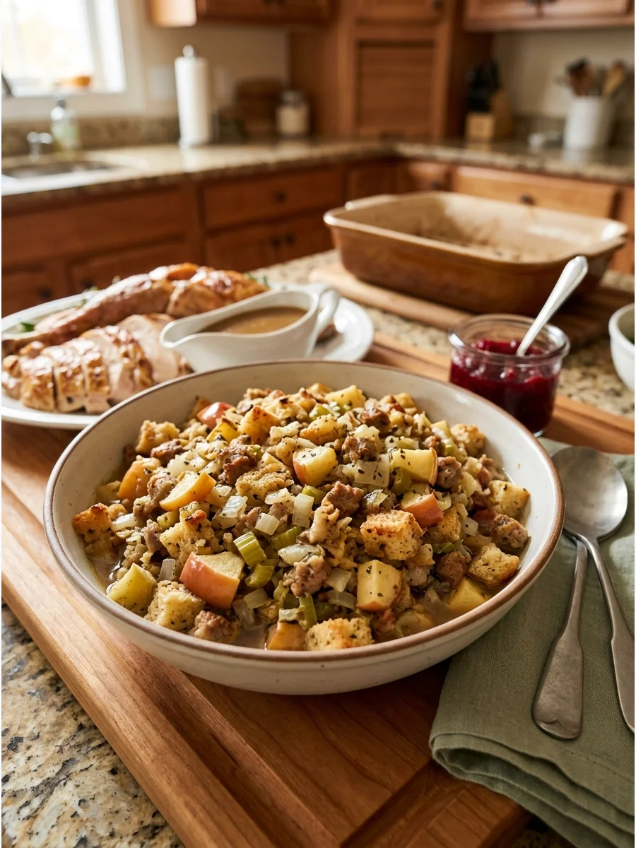 Stuffing made with bread, sausage, and diced green apples.