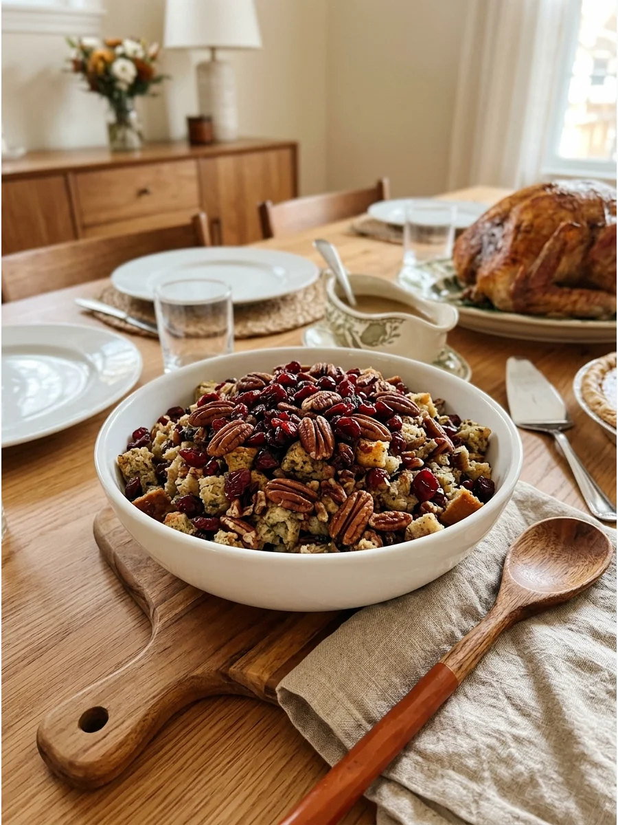 Bread stuffing garnished with dried cranberries and toasted pecans.