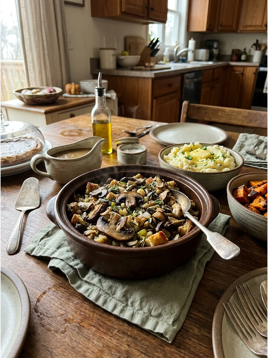 Vegetarian mushroom and herb stuffing in a cooking pot.