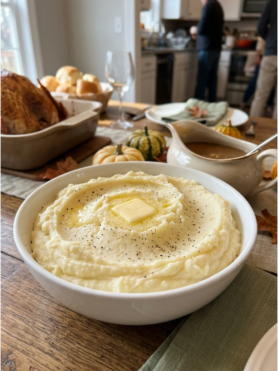 A bowl of smooth creamy mashed potatoes with melting butter.
