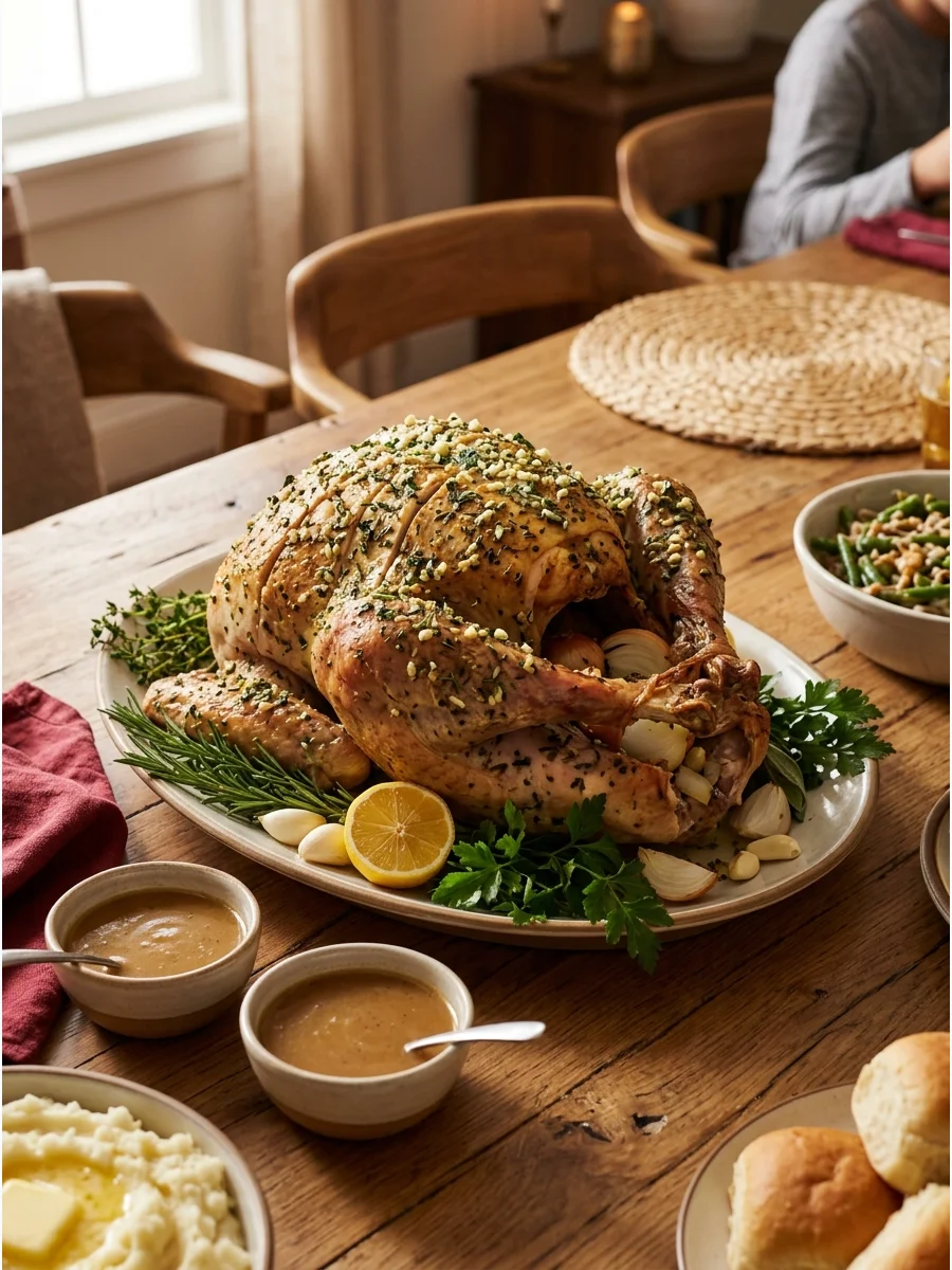 Carved turkey slices on a platter with gravy bowls on a wooden table.