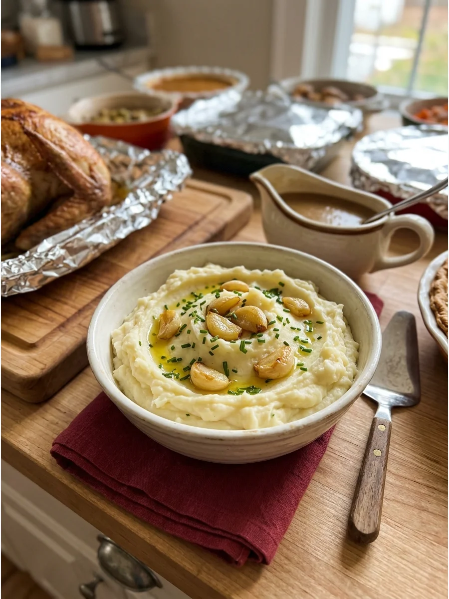 Mashed potatoes flavored with roasted garlic and topped with chives.
