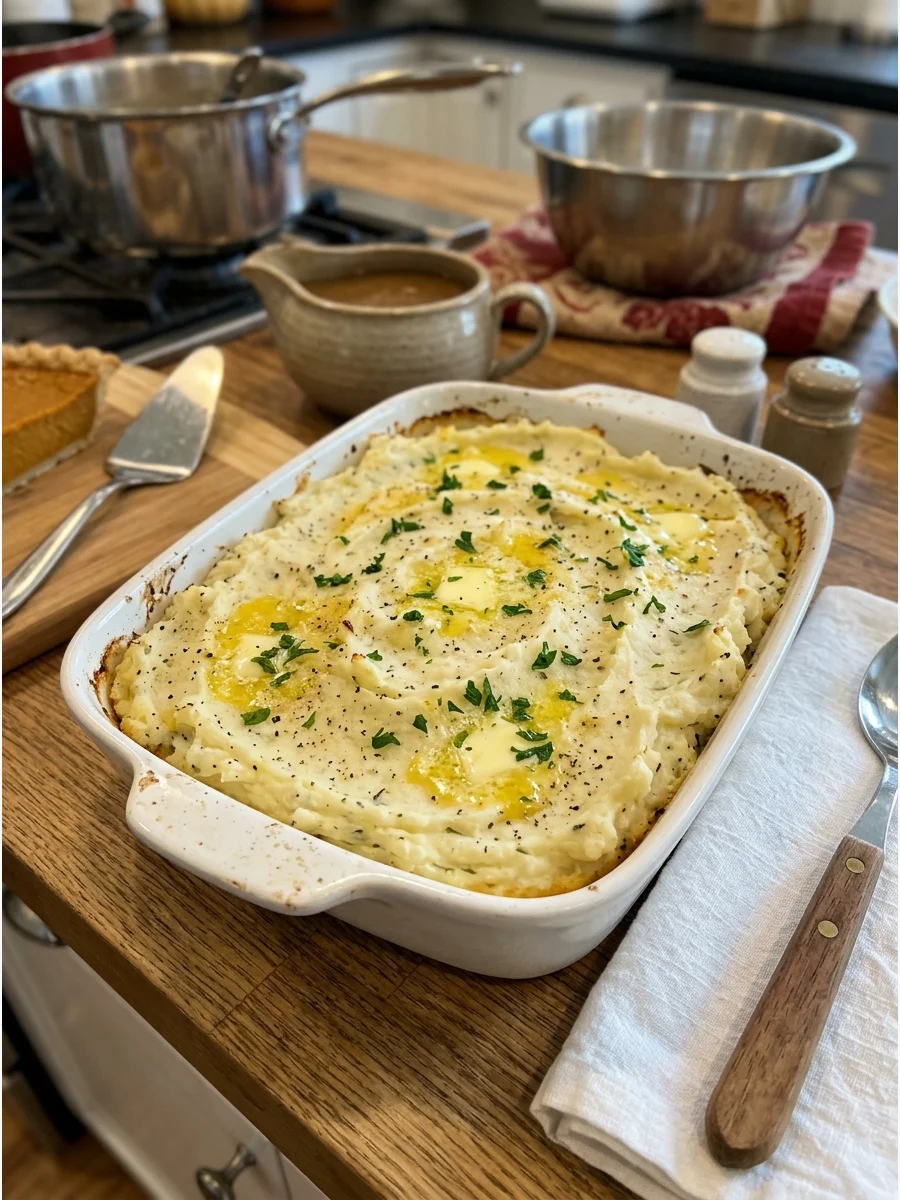 A white casserole dish filled with creamy mashed potatoes and melted butter.