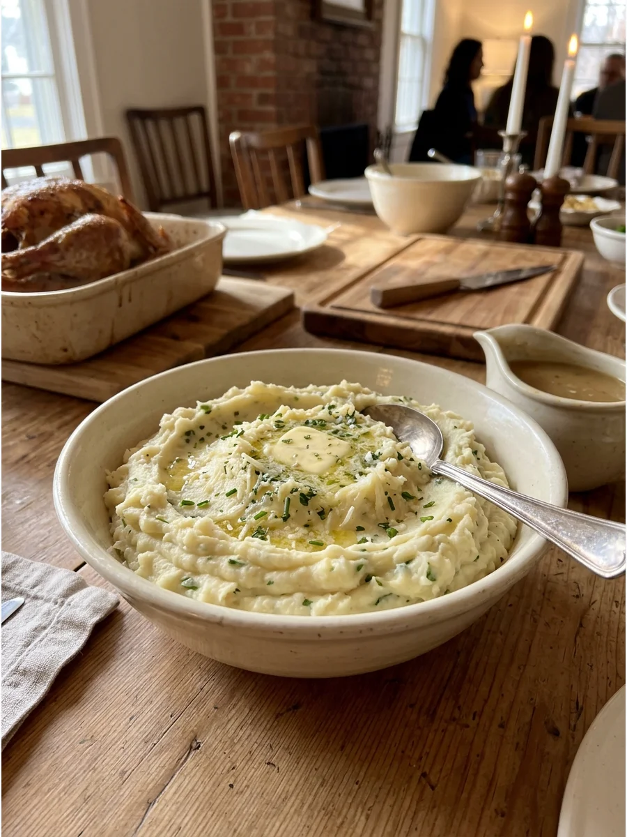 A serving bowl of herb-flecked mashed potatoes with melted cheese.