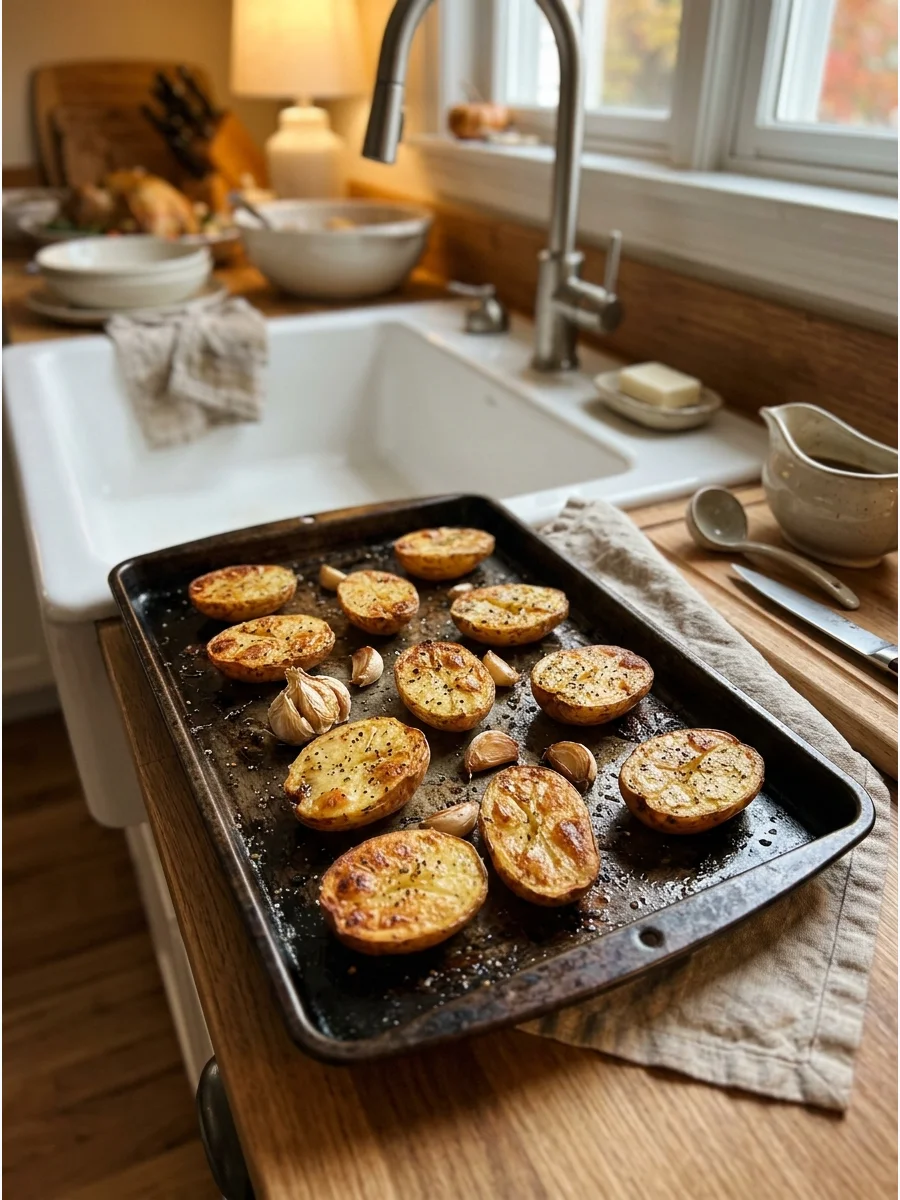 Roasted potato halves with garlic cloves on a metal baking sheet.