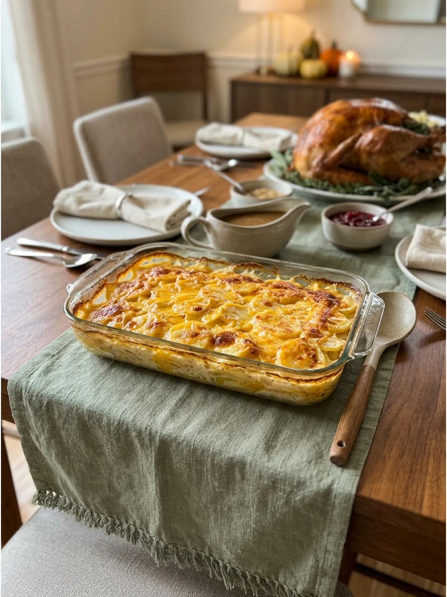 A glass baking dish filled with layered cheesy scalloped potatoes.