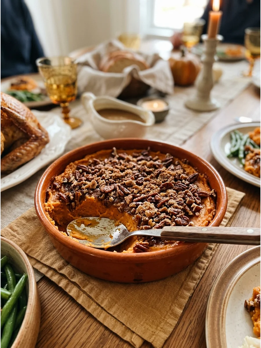 A round dish of sweet potato casserole topped with a pecan crumble.