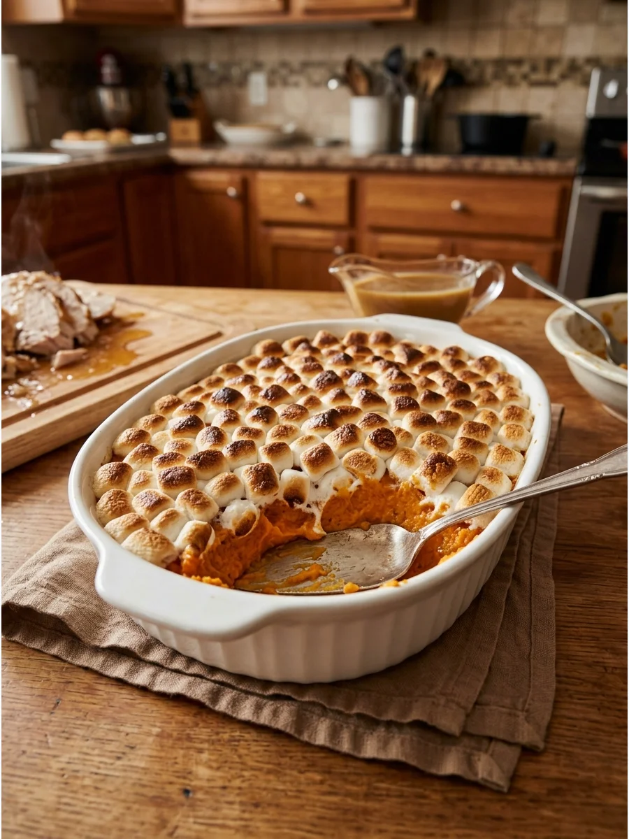 A sweet potato casserole topped with a layer of toasted marshmallows.