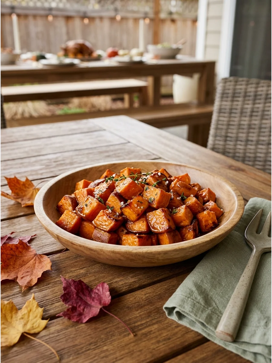 A wooden bowl of maple-glazed sweet potato cubes on a patio table.