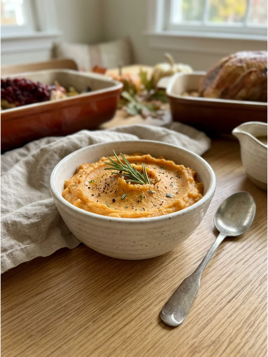A bowl of savory mashed sweet potatoes topped with a rosemary sprig.