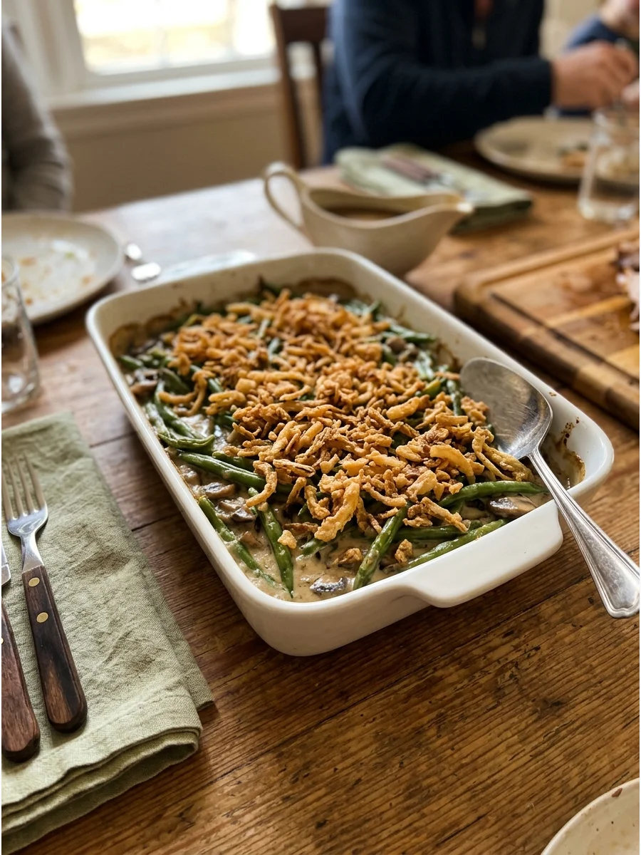 A green bean casserole topped with crispy fried onions in a white dish.