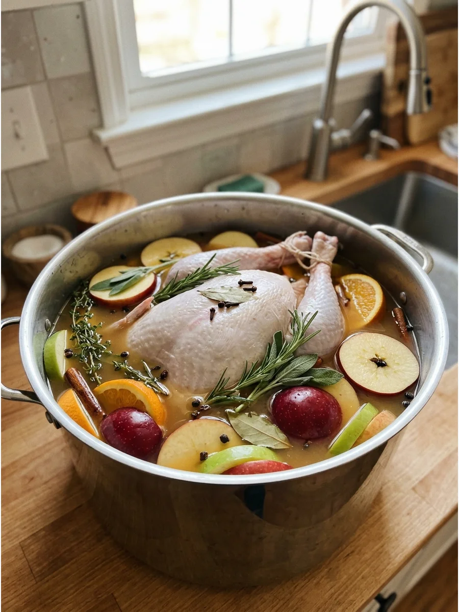 A turkey soaking in a cider brine pot with apple slices on a counter.