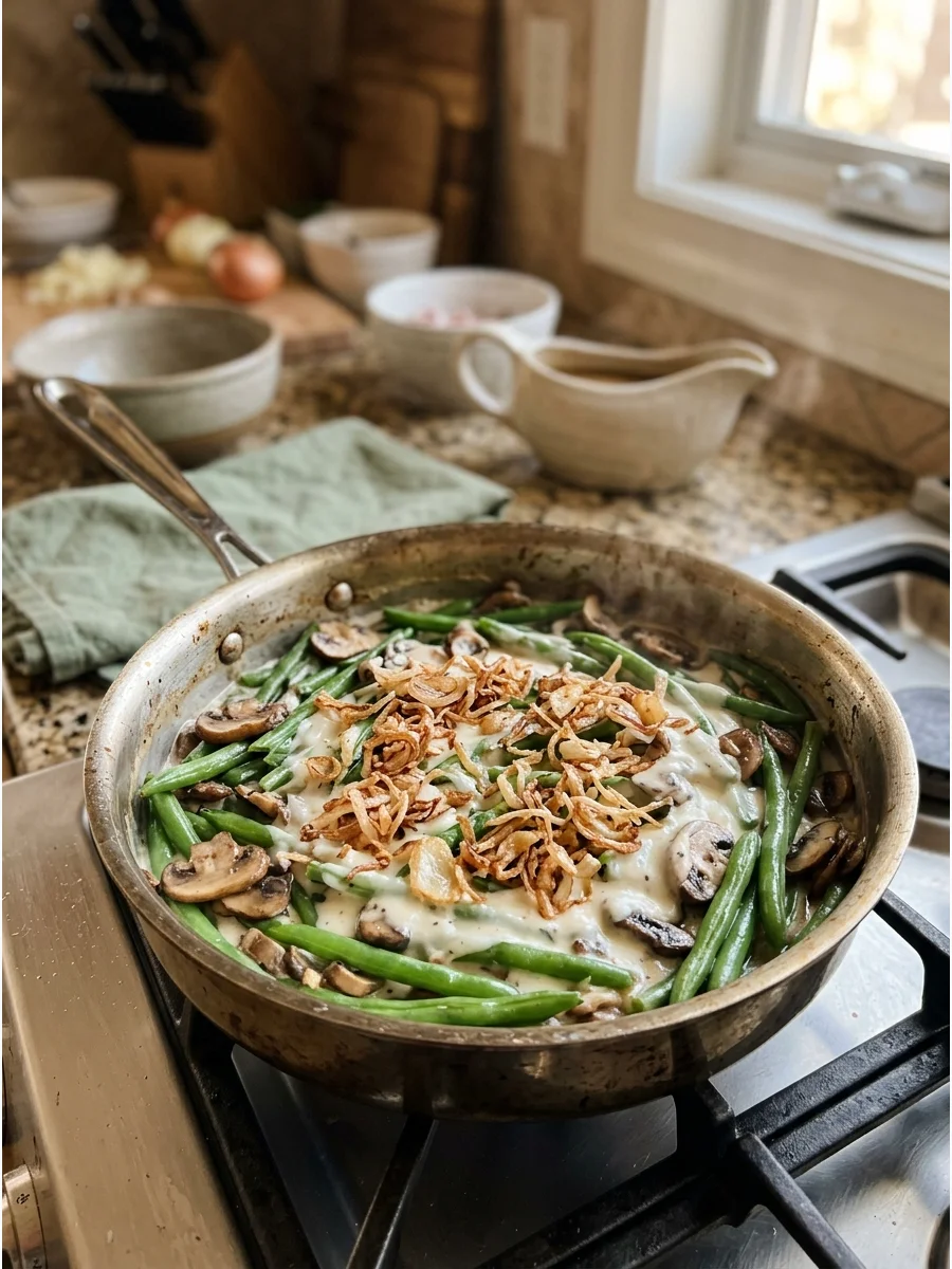 Fresh green beans and mushrooms in a creamy sauce inside a pan.