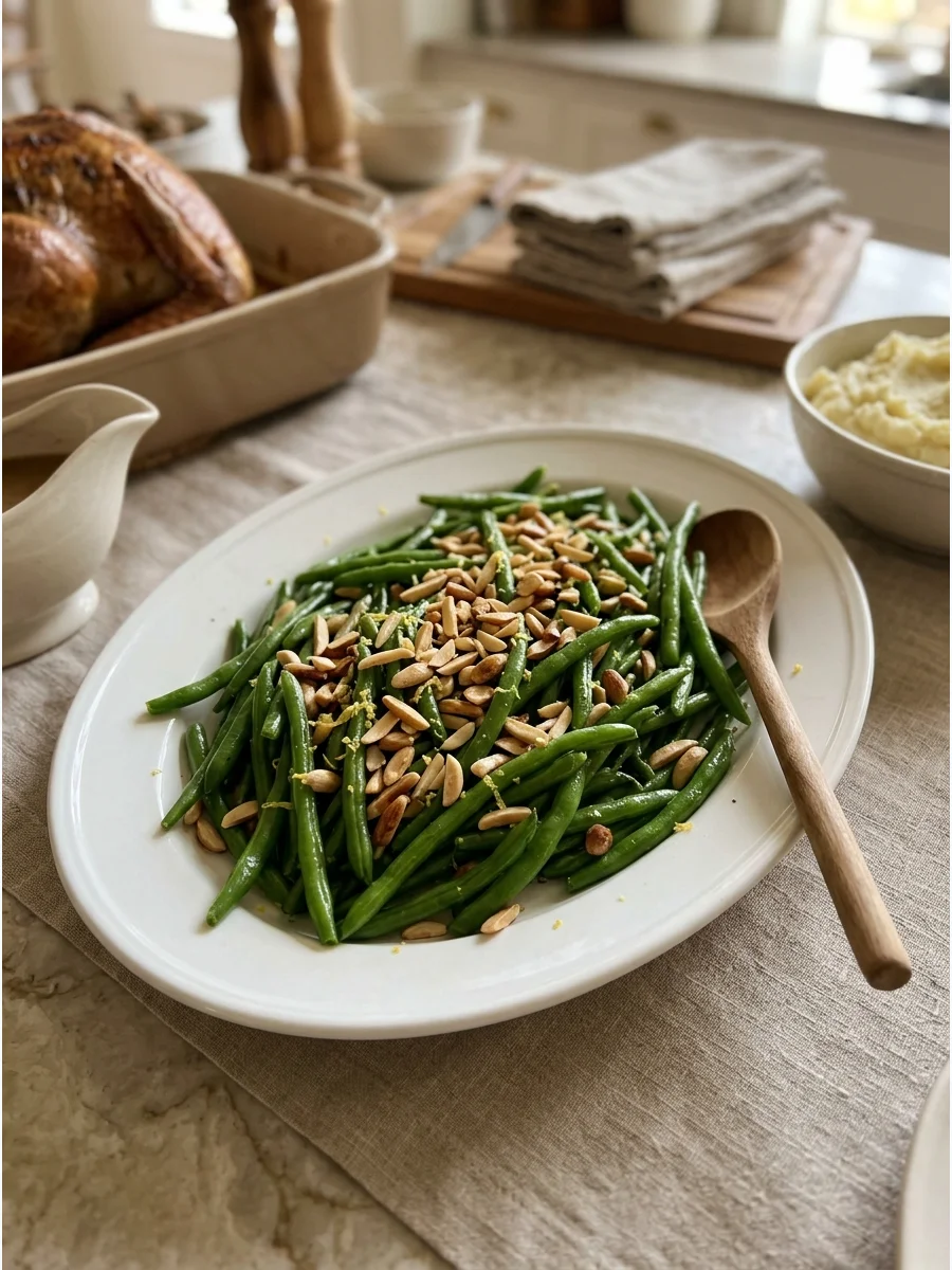 Green beans with almonds on a white platter.