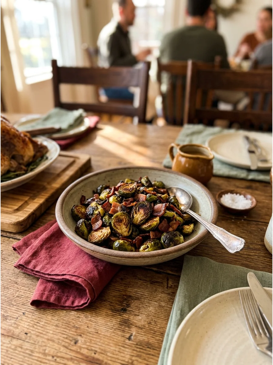 Roasted Brussels sprouts with bacon in a bowl.
