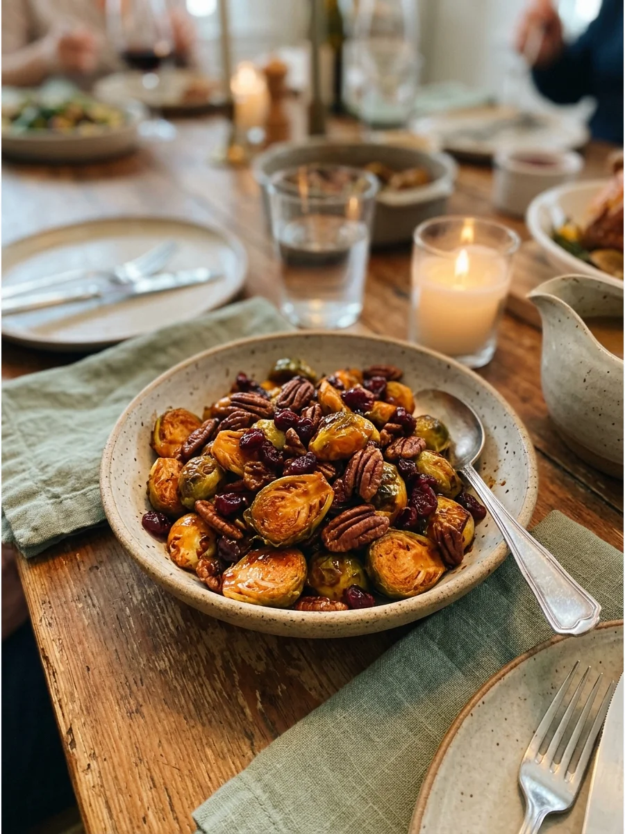 Glazed Brussels sprouts with cranberries and pecans.