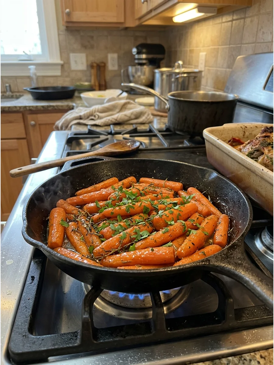Honey glazed carrots in a skillet.