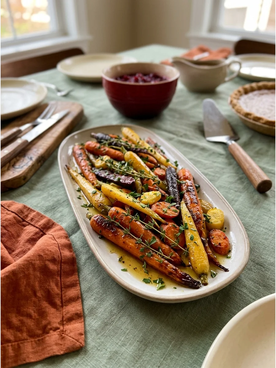 Multi-colored roasted carrots on a platter.