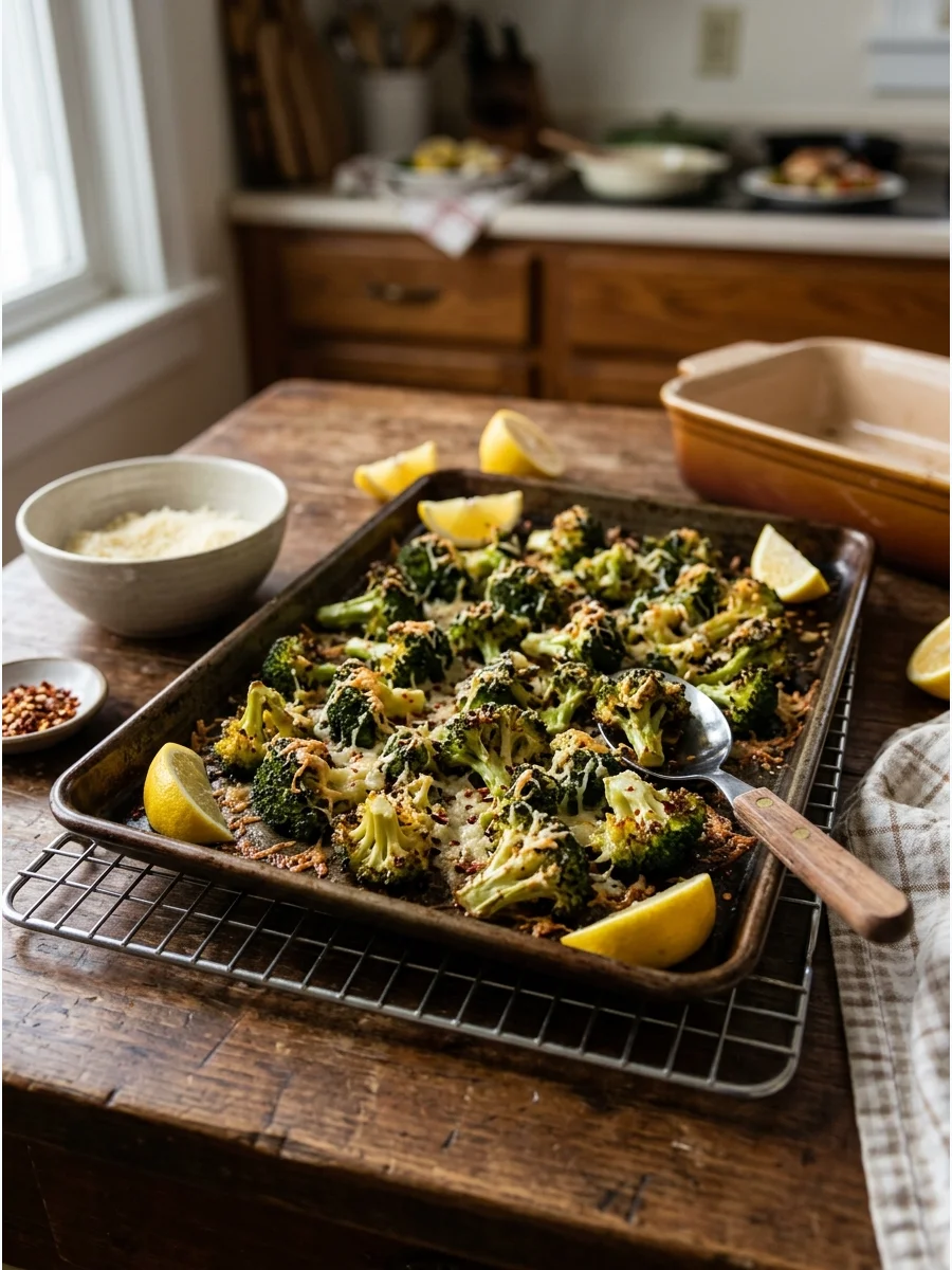 Parmesan roasted broccoli on a baking sheet.