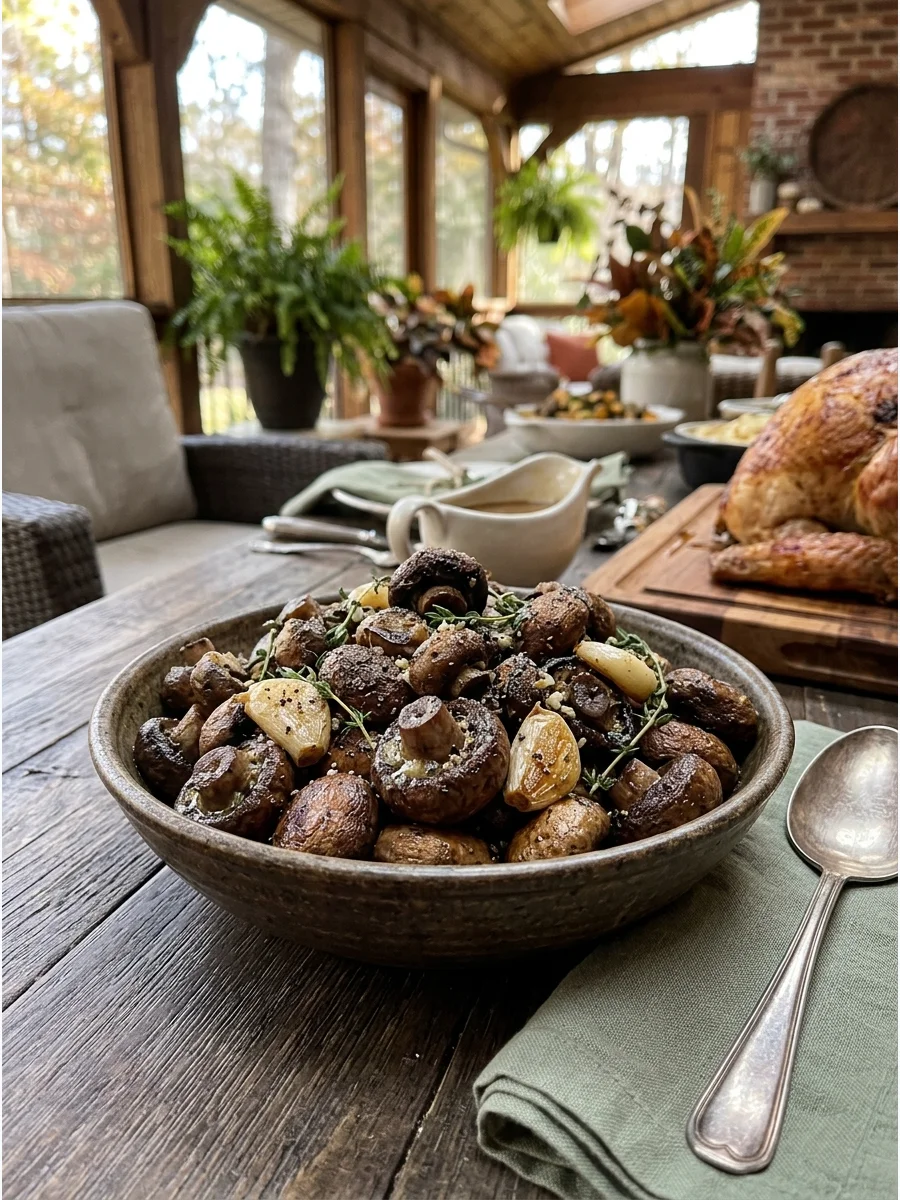 Roasted mushrooms and garlic in a rustic bowl.