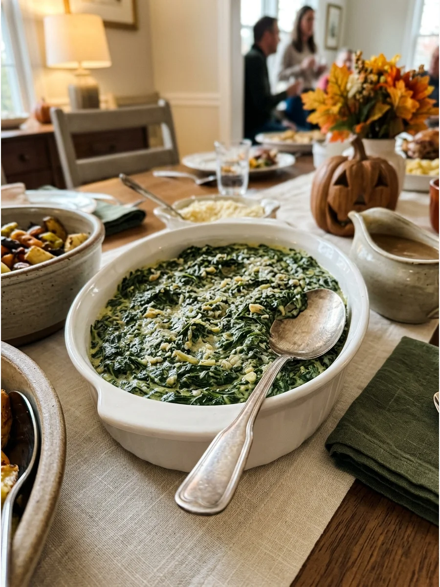 Creamed spinach in a white casserole dish.
