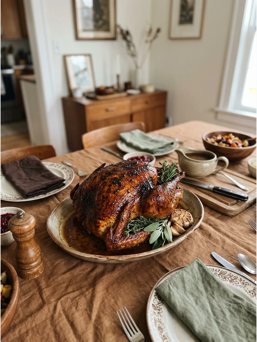 A glossy maple-glazed turkey on a table with warm brown linens.