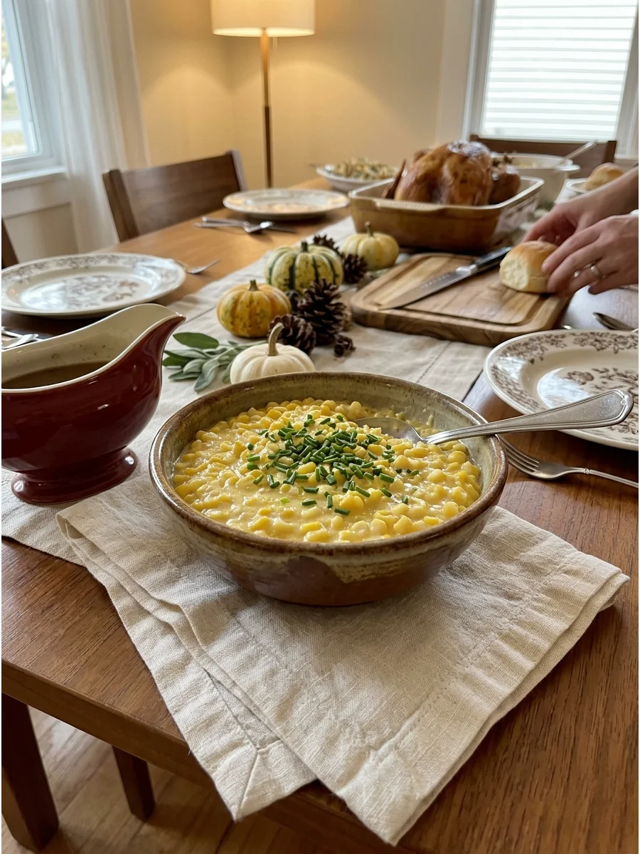 Creamed corn in a bowl on a set table.