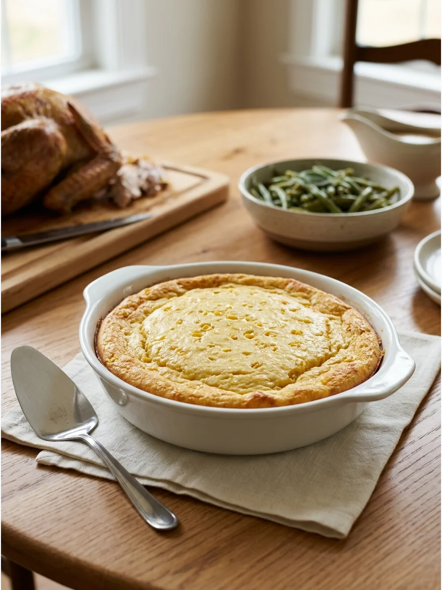 Golden southern corn pudding in a white baking dish.