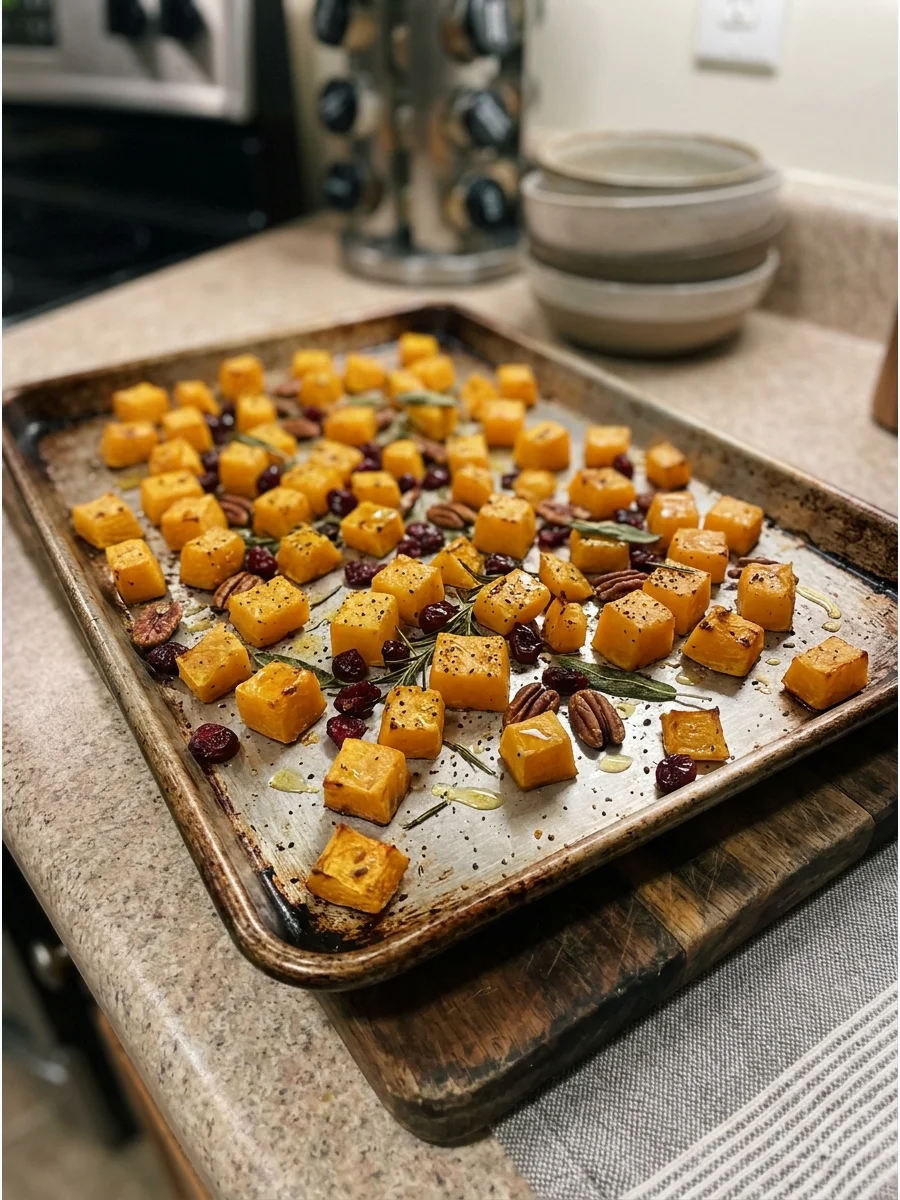 Roasted butternut squash cubes with pecans and cranberries.